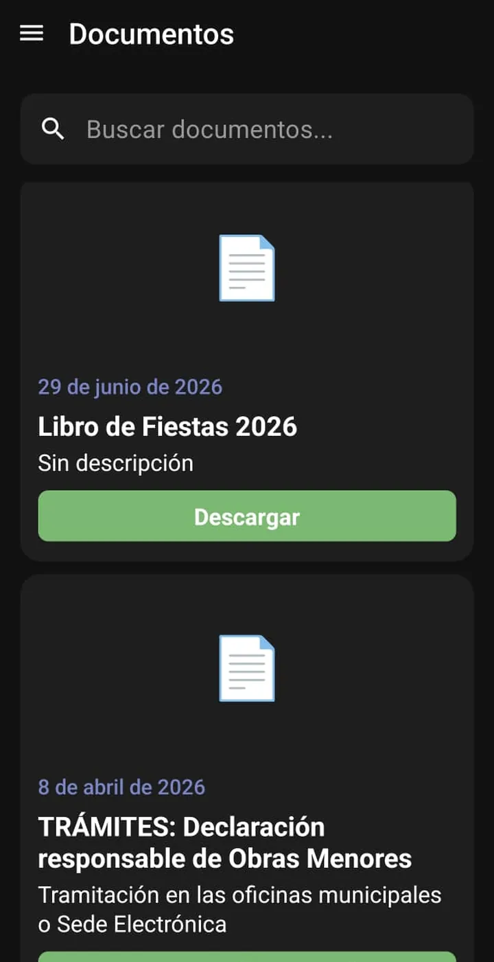 Documentos municipales descargables en la app, como el libro de fiestas o una declaración responsable de obras