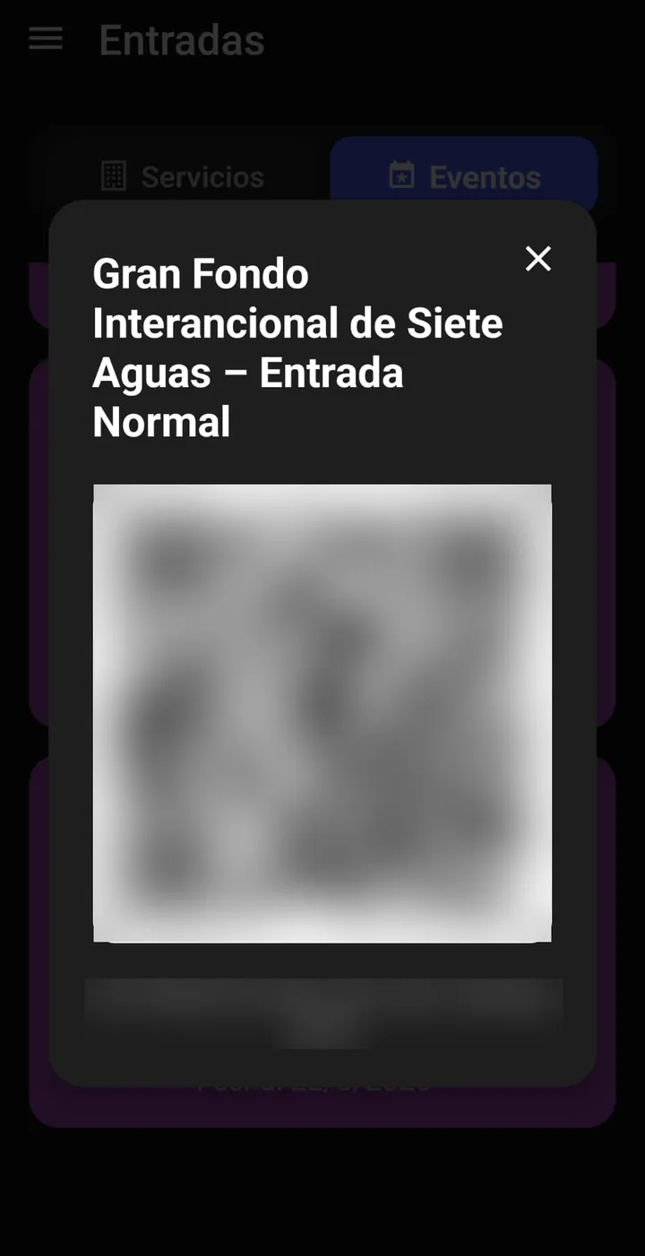 Entrada de un evento de Siete Aguas en la app, con su código QR (difuminado en esta imagen)