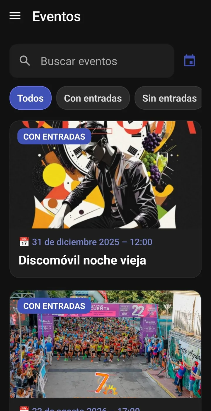 Agenda de eventos de la app con filtros de eventos con entradas y sin entradas