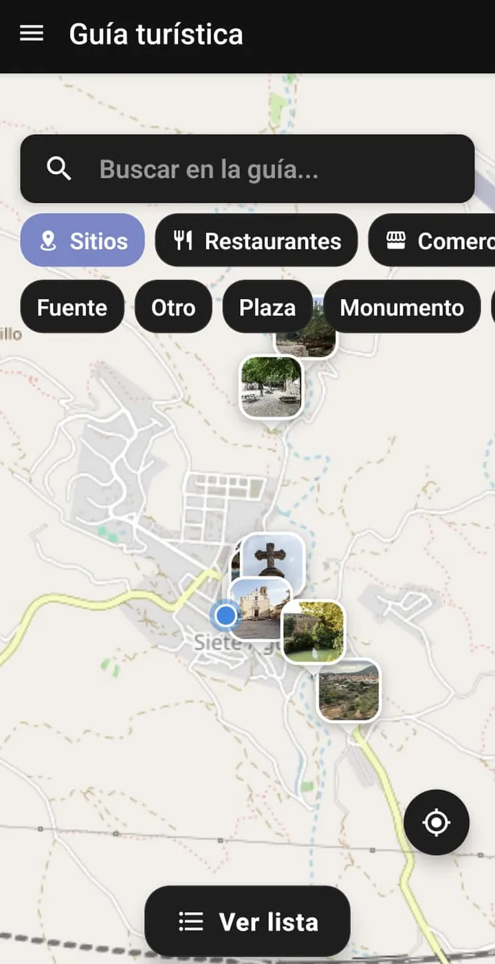 Guía turística de la app: mapa de Siete Aguas con buscador y filtros de sitios, restaurantes y comercios