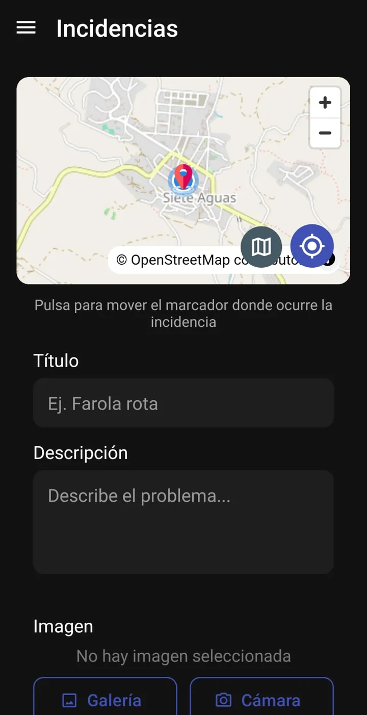 Formulario de incidencia de la app, con mapa para marcar el lugar y botones de galería y cámara