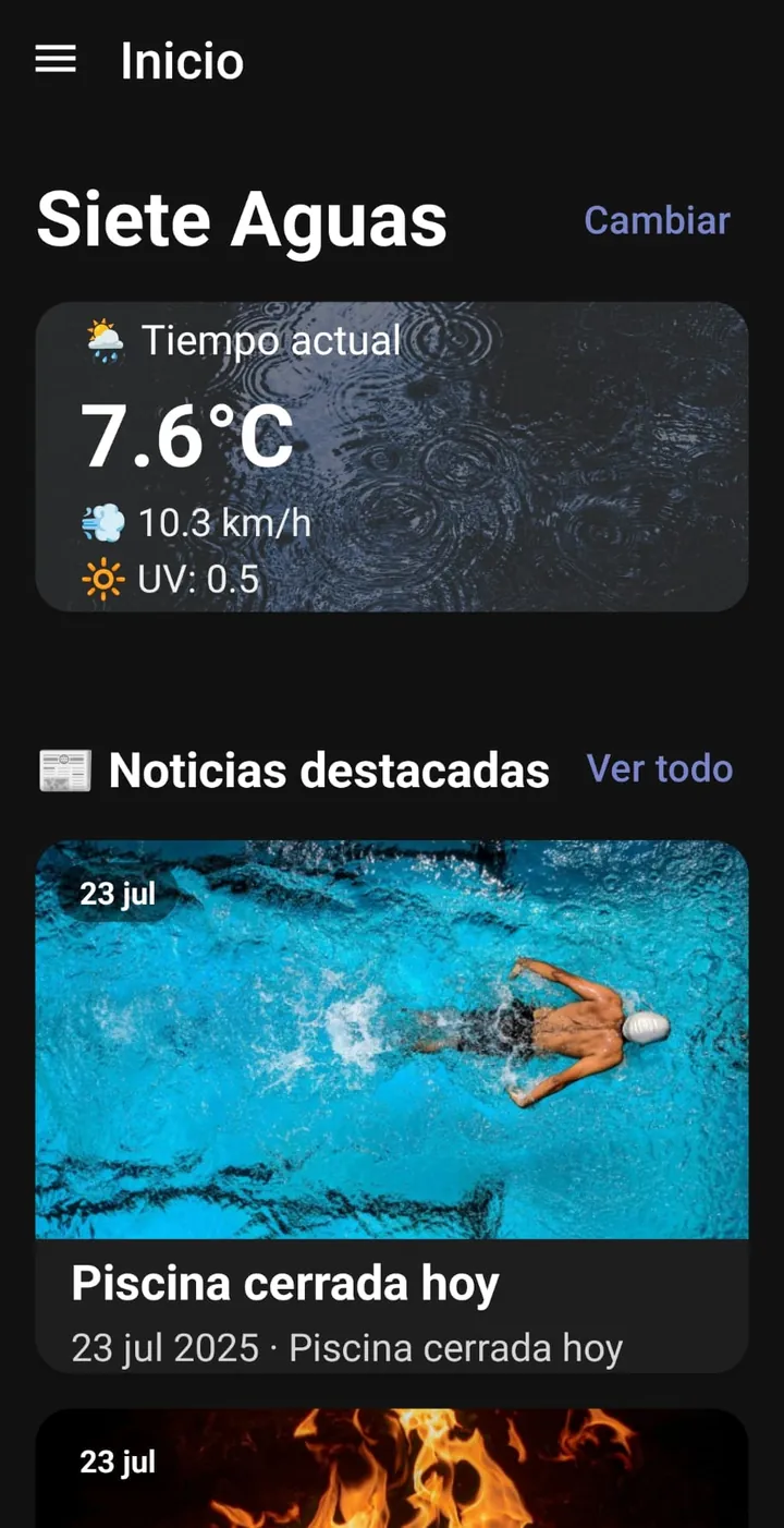 Pantalla de inicio de la app en Siete Aguas, con el tiempo y las noticias destacadas