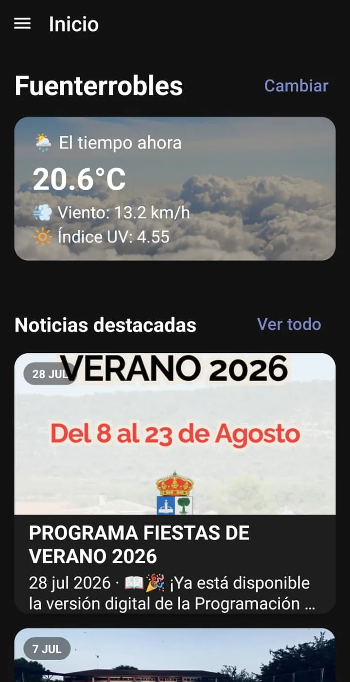 Pantalla de inicio de la app en Fuenterrobles, con el tiempo y el programa de fiestas de verano