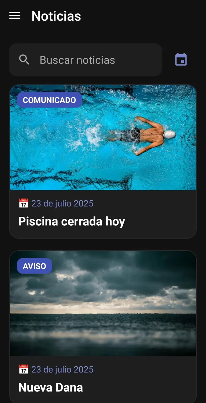 Listado de noticias de la app, con un comunicado y un aviso del ayuntamiento