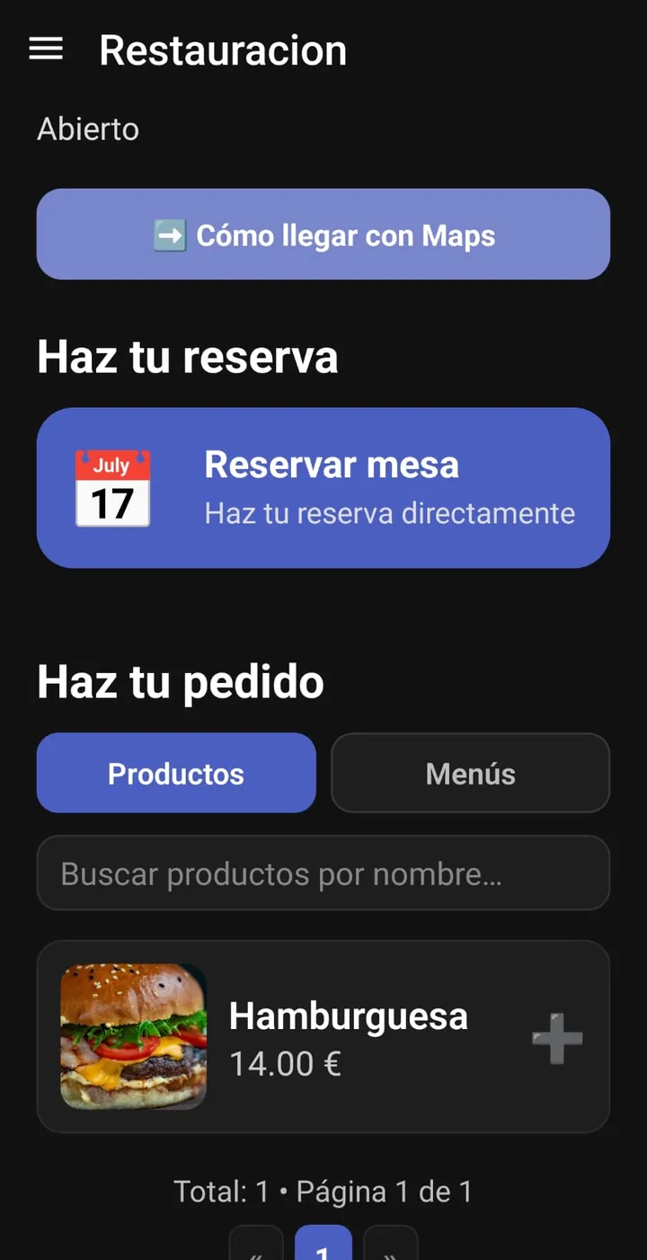 Ficha de un restaurante con reserva de mesa y pedidos desde la app